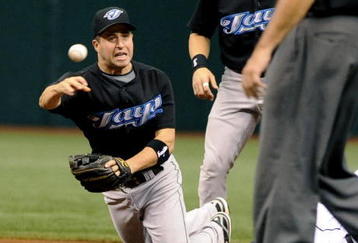 ST PETERSBURG, FL - JULY 20:  Shortstop John McDonald #6 of the Toronto Blue Jays throws to first base from his knees against the Tampa Bay Rays on July 20, 2008 at Tropicana Field in St. Petersburg, Florida.  (Photo by Al Messerschmidt/Getty Images)