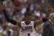 15 Jun 2001:  Allen Iverson #3 of the Philadelphia 76ers reacts to a call in game five of the NBA Finals against the Los Angeles Lakers at the First Union Center in Philadelphia, Pennsylvania.  The Lakers won 108-86 to take the series 4-1 and the NBA Championship Title. DIGITAL IMAGE.  Mandatory Credit: Ezra O. Shaw/Allsport.