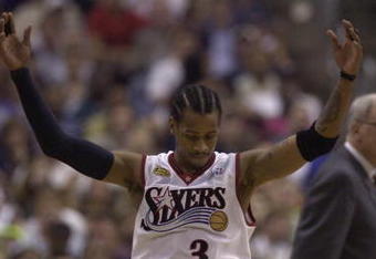 15 Jun 2001:  Allen Iverson #3 of the Philadelphia 76ers reacts to a call in game five of the NBA Finals against the Los Angeles Lakers at the First Union Center in Philadelphia, Pennsylvania.  The Lakers won 108-86 to take the series 4-1 and the NBA Championship Title. DIGITAL IMAGE.  Mandatory Credit: Ezra O. Shaw/Allsport.