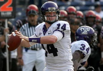 SAN DIEGO - NOVEMBER 07:  Quarterback Andy Dalton #14 of the Texas Christian University Horned Frogs throws a pass in the game against the San Diego State Aztecs on November 7, 2009 at Qualcomm Stadium in San Diego, California.   TCU won 55-12.  (Photo by Stephen Dunn/Getty Images)