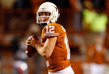 AUSTIN, TX - NOVEMBER 21:  Quarterback Colt McCoy #12 of the Texas Longhorns looks to pass against the Kansas Jayhawks at Darrell K Royal-Texas Memorial Stadium on November 21, 2009 in Austin, Texas.  (Photo by Ronald Martinez/Getty Images)