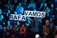 LONDON, ENGLAND - NOVEMBER 25: Supporters watches Rafael Nadal of Spain in the men's singles first round match against Nikolay Davydenko of Russia during the Barclays ATP World Tour Finals at the O2 Arena on November 25, 2009 in London, England. (Photo by Clive Brunskill/Getty Images)