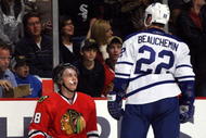 CHICAGO - NOVEMBER 13: Patrick Kane #88 of the Chicago Blackhawks have words with Francois Beauchemin #22 of the Toronto Maple Leafs at the United Center on November 13, 2009 in Chicago, Illinois. (Photo by Jonathan Daniel/Getty Images)