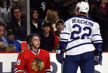 CHICAGO - NOVEMBER 13: Patrick Kane #88 of the Chicago Blackhawks have words with Francois Beauchemin #22 of the Toronto Maple Leafs at the United Center on November 13, 2009 in Chicago, Illinois. (Photo by Jonathan Daniel/Getty Images)