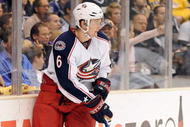 LOS ANGELES, CA - OCTOBER 25:  Anton Stralman #6 of the Columbus Blue Jackets looks to pass against the Los Angeles Kings during the game at the Staples Center on October 25, 2009 in Los Angeles, California.  (Photo by Harry How/Getty Images)