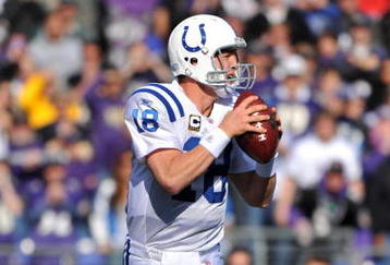 BALTIMORE - NOVEMBER 22:  Peyton Manning #18 of the Indianapolis Colts drops back in the pocket to make a pass play during the game against the Baltimore Ravens at M&T Bank Stadium on November 22, 2009 in Baltimore, Maryland. The Colts defeated the Ravens 17-15. (Photo by Larry French/Getty Images)