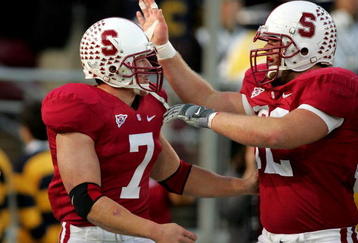 PALO ALTO, CA - NOVEMBER 21:  Toby Gerhart #7 is congratulated by Chase Beeler #72 of the Stanford Cardinal after Gerhart scored a touchdown against the California Bears at Stanford Stadium on November 21, 2009 in Palo Alto, California.  (Photo by Ezra Shaw/Getty Images)