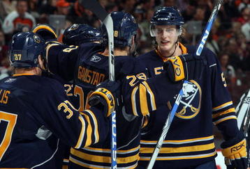 PHILADELPHIA - NOVEMBER 14:  Tyler Myers #57 of the Buffalo Sabres celebrates against the Philadelphia Flyers on November 14, 2009 at Wachovia Center in Philadelphia, Pennsylvania.  (Photo by Jim McIsaac/Getty Images)