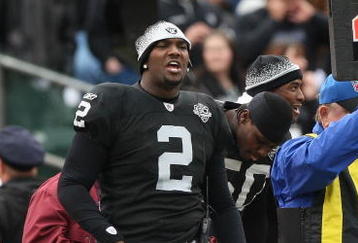 OAKLAND, CA - NOVEMBER 22:  JaMarcus Russell #2 of the Oakland Raiders looks on from the bench against the Cincinnati Bengals during an NFL game at Oakland-Alameda County Coliseum on November 22, 2009 in Oakland, California.  (Photo by Jed Jacobsohn/Getty Images)