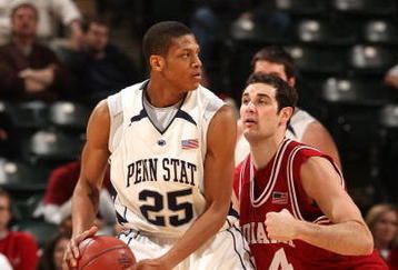 INDIANAPOLIS - MARCH 12:  Jeff Brooks #25 of the Penn State Nittany Lions looks to pass against Kyle Taber #44 of the Indiana Hoosiers during the first round of the Big Ten Men's Basketball Tournament at Conseco Fieldhouse on March 12, 2009 in Indianapolis, Indiana.  (Photo by Jonathan Daniel/Getty Images)