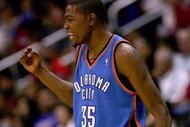 LOS ANGELES, CA - NOVEMBER 11:  Kevin Durant #35 of  the Oklahoma City Thunder celebrates during the game against the Los Angeles Clippers on November 11, 2009 at Staples Center in Los Angeles, California.   The Thunder won 83-79.   NOTE TO USER: User expressly acknowledges and agrees that, by downloading and/or using this Photograph, user is consenting to the terms and conditions of the Getty Images License Agreement.  (Photo by Stephen Dunn/Getty Images)