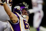 GREEN BAY, WI - NOVEMBER 01: Jared Allen #69 of the Minnesota Vikings celebrates after sacking quarterback Aaron Rodgers #12 of the Green Bay Packers during the third quarter of the game at Lambeau Field on November 1, 2009 in Green Bay, Wisconsin. (Photo by Scott Boehm/Getty Images)