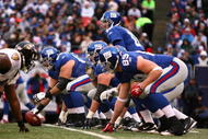 EAST RUTHERFORD, NJ - NOVEMBER 16:  A view of the offensive line of the New York Giants against the Baltimore Ravens during their game on November 16, 2008 at Giants Stadium in East Rutherford, New Jersey.  (Photo by Al Bello/Getty Images)