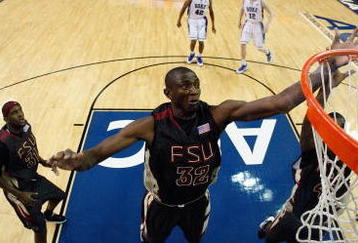ATLANTA - MARCH 15:  Solomon Alabi #32 of the Florida State Seminoles jumps for the ball against the Duke Blue Devils during the championship game of the 2009 ACC Men's Basketball Tournament on March 15, 2009 at the Georgia Dome in Atlanta, Georgia.  (Photo by Kevin C. Cox/Getty Images)