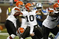 DETROIT, MI - NOVEMBER 22: Brady Quinn #10 of the Cleveland Browns looks to pass the football against the Detroit Lions at Ford Field on November 22, 2009 in Detroit, Michigan. The Lions came from behind to defeat the Browns 38-37. (Photo by Joe Robbins/Getty Images)