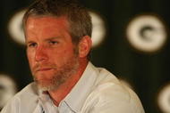 GREEN BAY, WI - MARCH 06: Quarterback Brett Favre of the Green Bay Packers listens to a question at his retirement press conference on March 6, 2008 at Lambeau Field in Green Bay, Wisconsin. (Photo by Jonathan Daniel/Getty Images)