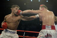 ATLANTIC CITY, NJ - JUNE 7: Micky Ward lands a jab to Arturo Gatti during their Junior Welterweight bout at Boardwalk Hall on June 7, 2003 in Atlantic City, New Jersey. Gatti won a unanimous decision. (Photo by Al Bello/Getty Images)