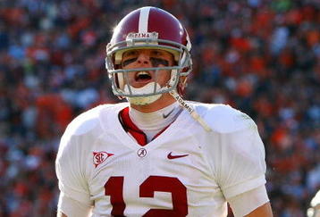 AUBURN, AL - NOVEMBER 27:  Quarterback Greg McElroy #12 of the Alabama Crimson Tide celebrates a touchdown against the Auburn Tigers at Jordan-Hare Stadium on November 27, 2009 in Auburn, Alabama.  (Photo by Kevin C. Cox/Getty Images)