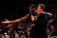 NEW YORK - MARCH 13: Head coach Bob Huggins and #3 Devin Ebanks of the West Virginia Mountaineers react on the sidelines during a game against the Syracuse Orange during the semifinal round of the Big East Tournament at Madison Square Garden on March 13, 2009 in New York City. (Photo by Jim McIsaac/Getty Images)