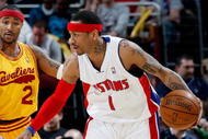 CLEVELAND - FEBRUARY 22:  Allen Iverson #1 of the Detroit Pistons moves past Mo Williams #2 of the Cleveland Cavaliers during the game on February 22, 2009 at the Quicken Loans Arena in Cleveland, Ohio.  The Cavaliers won 99-78.  NOTE TO USER: User expressly acknowledges and agrees that, by downloading and or using this photograph, User is consenting to the terms and conditions of the Getty Images License Agreement.  (Photo by Gregory Shamus/Getty Images)