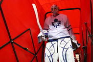 RALEIGH, NC - NOVEMBER 19: Jonas Gustavsson #50 of the Toronto Maple Leafs skates out for warmups prior to his game against the Carolina Hurricanes at the RBC Center on November 19, 2009 in Raleigh, North Carolina.  (Photo by Bruce Bennett/Getty Images)