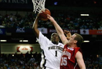 ATLANTA - MARCH 13:  Al-Farouq Aminu #1 of the Wake Forest Demon Deacons attempts a dunk over Dave Neal #35 of the Maryland Terrapins during the Quarterfinals of the 2009 ACC Men's Basketball Tournament on March 13, 2009 at the Georgia Dome in Atlanta, Georgia.  (Photo by Kevin C. Cox/Getty Images)