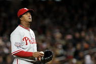 NEW YORK - NOVEMBER 04: Pedro Martinez #45 of the Philadelphia Phillies looks on against the New York Yankees in Game Six of the 2009 MLB World Series at Yankee Stadium on November 4, 2009 in the Bronx borough of New York City. (Photo by Nick Laham/Getty Images)