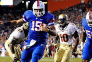 GAINESVILLE, FL - NOVEMBER 28: Tim Tebow #15 of the Florida Gators runs for a touchdown during the game against the Florida State Seminoles at Ben Hill Griffin Stadium on November 28, 2009 in Gainesville, Florida. (Photo by Sam Greenwood/Getty Images)