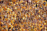 TEMPE, AZ - NOVEMBER 28: Fans of the Arizona State Sun Devils cheer during the college football game against the Arizona Wildcats at Sun Devil Stadium on November 28, 2009 in Tempe, Arizona. The Wildcats defeated the Sun Devils 20-17. (Photo by Christian Petersen/Getty Images)