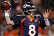 DENVER - NOVEMBER 26:  Quarterback Kyle Orton #8 of the Denver Broncos delivers a pass against the New York Giants during NFL action at Invesco Field at Mile High on November 26, 2009 in Denver, Colorado.  (Photo by Doug Pensinger/Getty Images)
