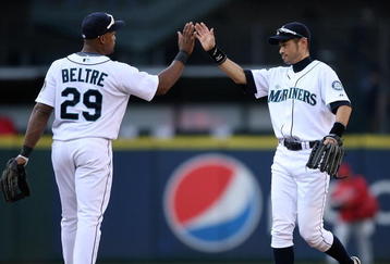 SEATTLE - SEPTEMBER 02:  Ichiro Suzuki #51 and Adrian Beltre #29 of the Seattle Mariners celebrate after beating the Los Angeles Angels of Anaheim 3-0 on September 2, 2009 at Safeco Field in Seattle, Washington. (Photo by Otto Greule Jr/Getty Images)