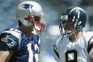 SAN DIEGO, CA - SEPTEMBER 29:    Tom Brady #12 of the New England Patriots and Drew Brees of the San Diego Chargers have a chat before a game on September 29, 2002 at Qualcomm Stadium in San Diego, California. (Photo by Stephen Dunn/Getty Images)