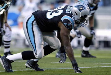 CHARLOTTE, NC - NOVEMBER 13:  Mike Rucker #93 of the Carolina Panthers lines up during the game with the New York Jets at Bank of America Stadium on November 13, 2005 in Charlotte, North Carolina. The Panthers won 30-3. (Photo by Craig Jones/Getty Images)
