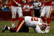 LANDOVER, MD - OCTOBER 18:  Albert Haynesworth #92 the Washington Redskins struggles to get off the field against the Kansas City Chiefs during their game October 18, 2009 at FedEx Field in Landover, Maryland. The Chiefs won the game 14-6.  (Photo by Win McNamee/Getty Images)
