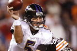 CLEVELAND - NOVEMBER 16: Joe Flacco #5 of the Baltimore Ravens attempts to throw a pass in the second quarter as he is pressured by Robaire Smith #98 of the Cleveland Browns at Cleveland Browns Stadium on November 16, 2009 in Cleveland, Ohio.  (Photo by Matt Sullivan/Getty Images)