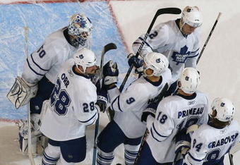 SUNRISE, FL - NOVEMBER 27: Goaltender Jonas Gustavsson #50 of the Toronto Maple Leafs is congratulated after defeating the Florida Panthers on November 27, 2009 at the BankAtlantic Center in Sunrise, Florida. The Maple Leafs defeated the Panthers 6-4. (Photo by Joel Auerbach/Getty Images)