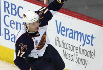 RALEIGH, NC - JANUARY 02:  Ilya Kovalchuck #17 of the Atlanta Thrashers reacts after scoring a goal against the Carolina Hurricanes during their game at the RBC Center on January 2, 2008 in Raleigh, North Carolina.  (Photo by Streeter Lecka/Getty Images)