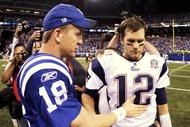 INDIANAPOLIS - NOVEMBER 15:  Quarterback Peyton Manning #18 of the Indianapolis Colts greets Tom Brady #12 of the New England Patriots after the game at Lucas Oil Stadium on November 15, 2009 in Indianapolis, Indiana.  The Colts won the game 35-34. (Photo by Jamie Squire/Getty Images)