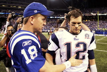 INDIANAPOLIS - NOVEMBER 15:  Quarterback Peyton Manning #18 of the Indianapolis Colts greets Tom Brady #12 of the New England Patriots after the game at Lucas Oil Stadium on November 15, 2009 in Indianapolis, Indiana.  The Colts won the game 35-34. (Photo by Jamie Squire/Getty Images)