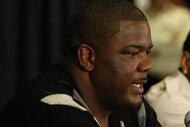 AUBURN HILLS, MI - NOVEMBER 04: President of Basketball Operations Joe Dumars of the Detroit Pistons introduces Allen Iverson #1 at press conference after being traded from the Denver Nuggets on November 4, 2008 at the Palace of Auburn Hills in Auburn Hills, Michigan. NOTE TO USER: User expressly acknowledges and agrees that, by downloading and or using this photograph, User is consenting to the terms and conditions of the Getty Images License Agreement.  (Photo by Gregory Shamus/Getty Images)