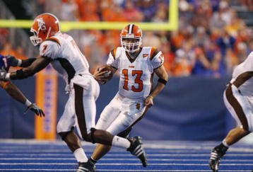 BOISE , ID - SEPTEMBER 13:  Quarterback Tyler Sheehan #13 of the Bowling Green Falcons runs the ball against the Boise State Broncos at Bronco Stadium on September 13, 2008 in Boise, Idaho.  (Photo by Jonathan Ferrey/Getty Images)