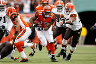 CINCINNATI - NOVEMBER 29:  Larry Johnson #27 of the Cincinnati Bengals runs with the ball during the NFL game against the Cleveland Browns at Paul Brown Stadium on November 29, 2009 in Cincinnati, Ohio.  (Photo by Andy Lyons/Getty Images)