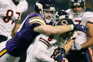 MINNEAPOLIS - NOVEMBER 29:  Jared Allen #69 of the Minnesota Vikings sacks Jay Cutler #6 of the Chicago Bears on November 29, 2009 at Hubert H. Humphrey Metrodome in Minneapolis, Minnesota. The Vikings defeated the Bears 36-10.  (Photo by Elsa/Getty Images)