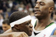 MINNEAPOLIS, MN - OCTOBER 28: Jonny Flynn #10 of the Minnesota Timberwolves celebrates with teammate Damien Wilkins #3 after Wilkins hit the game-winning shot at the buzzer to defeat the New Jersey Nets 95-93 at the Target Center on October 28, 2009 in Minneapolis, Minnesota. (Photo by Genevieve Ross/Getty Images)