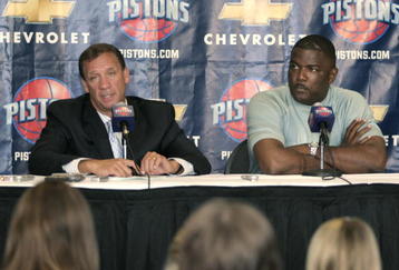 AUBURN HILLS, MI - JULY 21:  Flip Saunders (L), new Detroit Piston Head Coach, and  Piston's President Joe Dumars (R) attend a press conference at the Palace of Auburn Hills on July 21, 2005 in Auburn Hills, Michigan. Saunders, who had a 411-326 record as coach of the Minnesota Timberwolves, was hired yesterday by the Pistons to replace coach Larry Brown. NOTE TO USER: User expressly acknowledges and agrees that, by downloading and/or using this Photograph, user is consenting to the terms and conditions of the Getty Images License Agreement. Mandatory Copyright Notice: Copyright 2005 NBAE  (Photo by Bill Pugliano/Getty Images)
