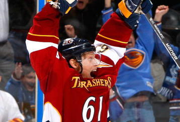 ATLANTA - NOVEMBER 19:  Maxim Afinogenov #61 of the Atlanta Thrashers reacts after scoring a goal to tie the game against the Boston Bruins in the final minutes of regulation at Philips Arena on November 19, 2009 in Atlanta, Georgia.  (Photo by Kevin C. Cox/Getty Images)