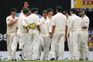 BRISBANE, AUSTRALIA - NOVEMBER 28: Ricky Ponting  (C), captain for Australia, and his Australian Team celebrate another wicket during day three of the First Test match between Australia and the West Indies at The Gabba on November 28, 2009 in Brisbane, Australia.  (Photo by Ryan Pierse/Getty Images)