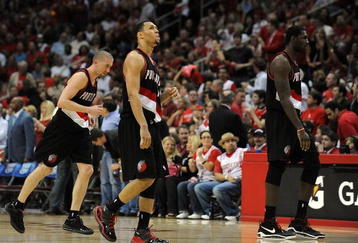 HOUSTON - APRIL 30:  Greg Oden #52, Brandon Roy #7 and Steve Blake #2 of the Portland Trail Blazers walk off the court during play against the Houston Rockets in Game Six of the Western Conference Quarterfinals during the 2009 NBA Playoffs at Toyota Center on April 30, 2009 in Houston, Texas. NOTE TO USER: User expressly acknowledges and agrees that, by downloading and or using this photograph, User is consenting to the terms and conditions of the Getty Images License Agreement.  (Photo by Ronald Martinez/Getty Images)