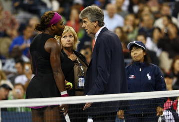 NEW YORK - SEPTEMBER 12:  Serena Williams (L) argues with Brian Early (R) and Donna Kelso (C) after disqualified for a default during the Women's Singles Semifinal match against to Kim Clijsters of Belgium on day thirteen of the 2009 U.S. Open at the USTA Billie Jean King National Tennis Center on September 12, 2009 in the Flushing neighborhood of the Queens borough of New York City.  (Photo by Julian Finney/Getty Images)