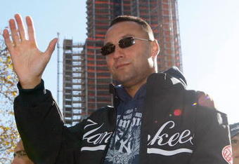 NEW YORK - NOVEMBER 06: Derek Jeter #2 of the New York Yankees celebrates on a float during the New York Yankees World Series Victory Parade on November 6, 2009 in New York, New York. (Photo by Jared Wickerham/Getty Images)